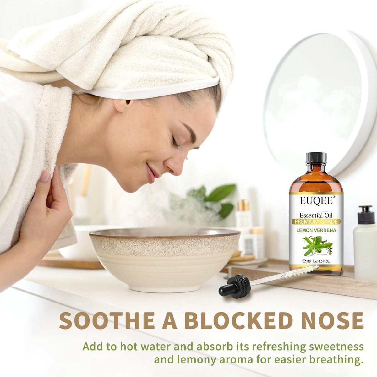 EUQEE Zitronenverbene Ätherisches Öl 118ml – Reines & Natürliches Zitrusduftöl für Diffuser, Hautpflege, Morgenrituale & Aromatherapie, Große Flasche mit Pipette