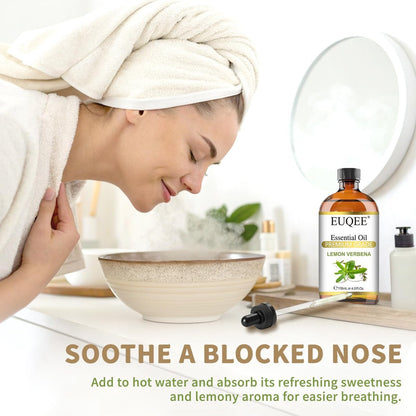 EUQEE Zitronenverbene Ätherisches Öl 118ml – Reines & Natürliches Zitrusduftöl für Diffuser, Hautpflege, Morgenrituale & Aromatherapie, Große Flasche mit Pipette