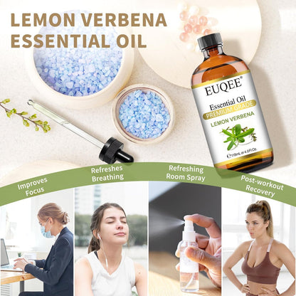 EUQEE Zitronenverbene Ätherisches Öl 118ml – Reines & Natürliches Zitrusduftöl für Diffuser, Hautpflege, Morgenrituale & Aromatherapie, Große Flasche mit Pipette