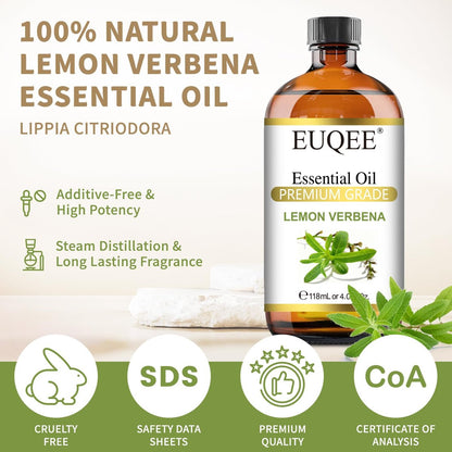 EUQEE Zitronenverbene Ätherisches Öl 118ml – Reines & Natürliches Zitrusduftöl für Diffuser, Hautpflege, Morgenrituale & Aromatherapie, Große Flasche mit Pipette