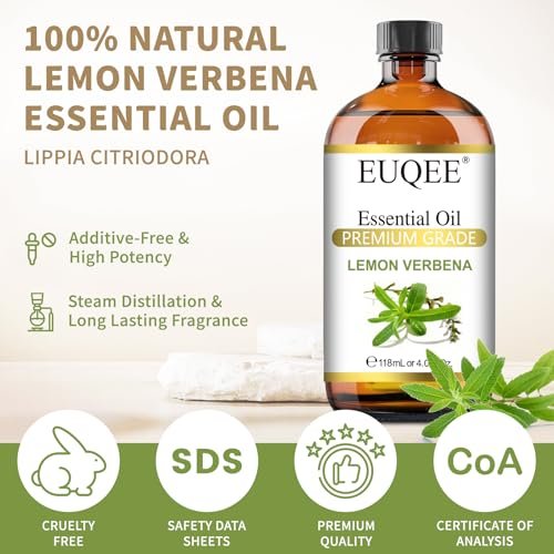 EUQEE Zitronenverbene Ätherisches Öl 118ml – Reines & Natürliches Zitrusduftöl für Diffuser, Hautpflege, Morgenrituale & Aromatherapie, Große Flasche mit Pipette