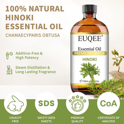 EUQEE Hinoki Ätherisches Öl 118ml - Reines japanisches Hinokiöl für Aromatherapie, Meditation und Hautpflege