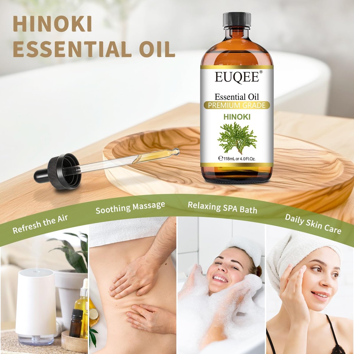 EUQEE Hinoki Ätherisches Öl 118ml - Reines japanisches Hinokiöl für Aromatherapie, Meditation und Hautpflege