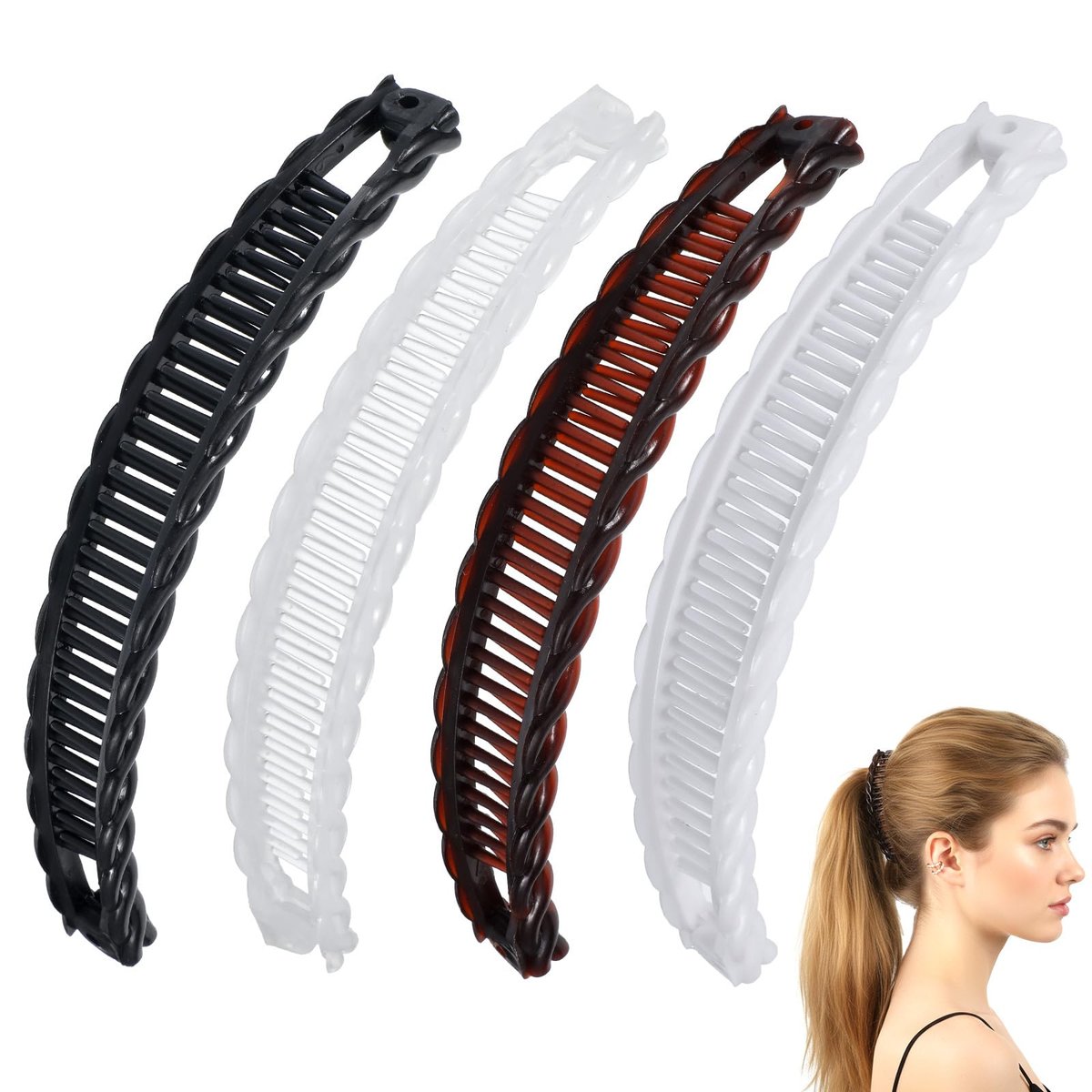 Nogeqi 4 Stück Bananen-Haarklammern, rutschfeste Haar-Claws mit Doppelkämmen, Vintage-Bananenklammern für Frauen mit dickem, lockigem Haar, Haarspangen-Styling-Accessoires