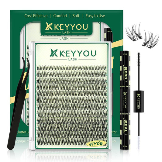 KEYYOU LASH Lash Clusters Kit Natürlich 144 Stück 8-16 MIX Wimpernverlängerung Set Wispy Lash Clusters C-Curl mit Bond & Seal, Entferner, Applikatoren für DIY Fluffy Eyelash Clusters zu Hause (KY05 Kit)