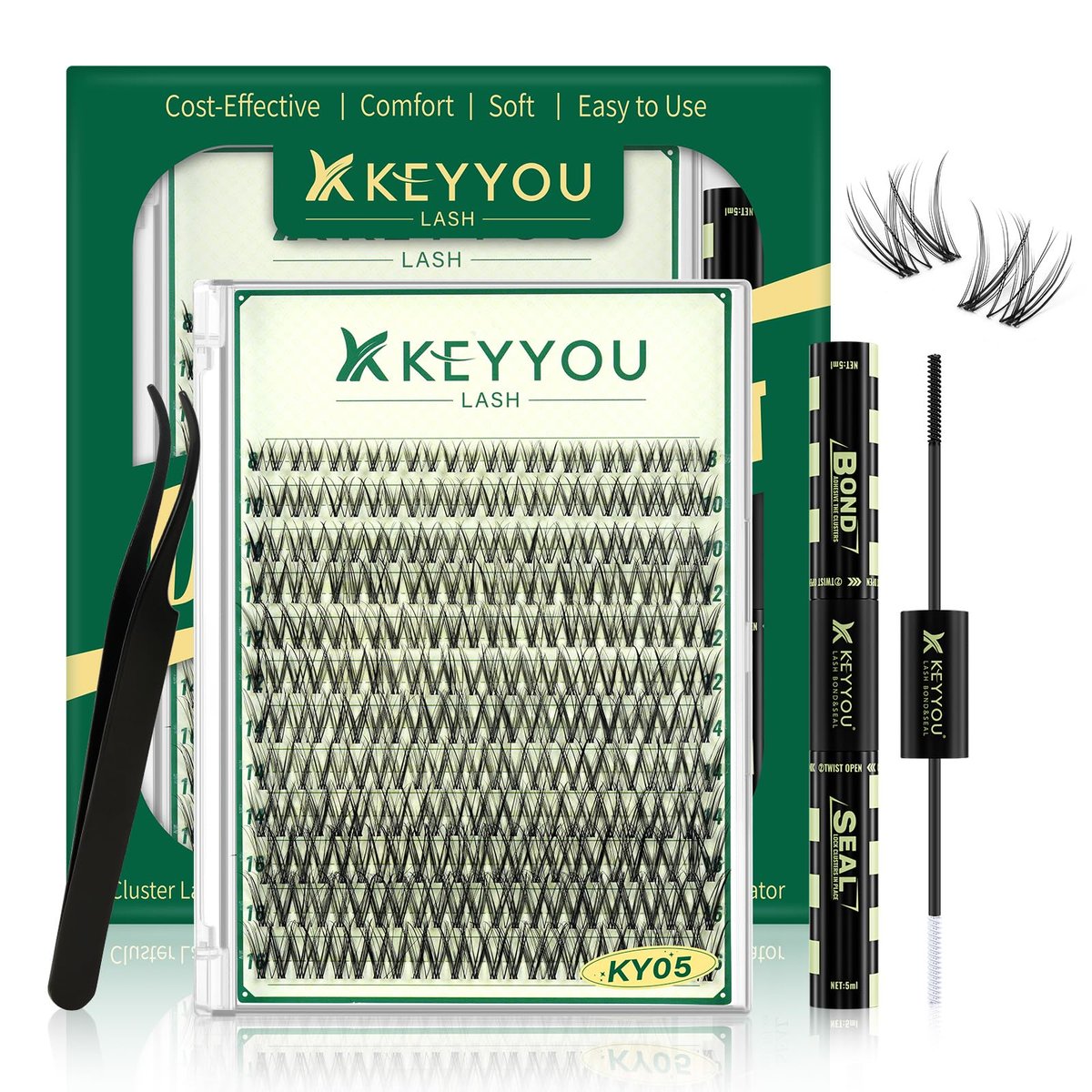 KEYYOU LASH Lash Clusters Kit Natürlich 144 Stück 8-16 MIX Wimpernverlängerung Set Wispy Lash Clusters C-Curl mit Bond & Seal, Entferner, Applikatoren für DIY Fluffy Eyelash Clusters zu Hause (KY05 Kit)