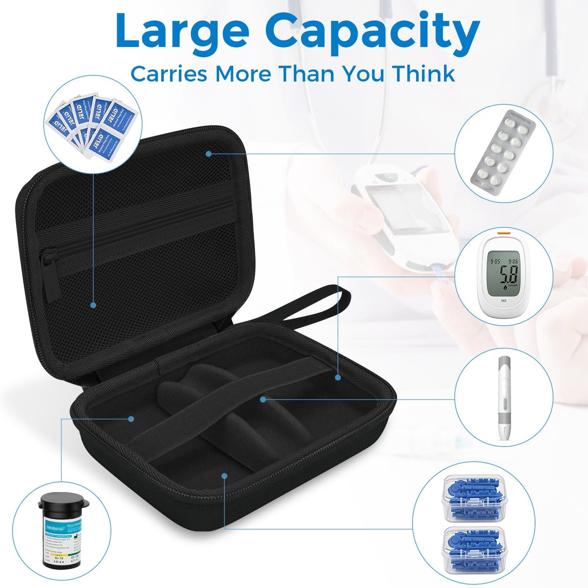 Diabetiker-Reisetasche, Aufbewahrungstasche für Diabetes-Testkit, Blutzuckermessgerät, Teststreifen, Lanzetten, Stechhilfe (nur Tasche) – Schwarz Innen