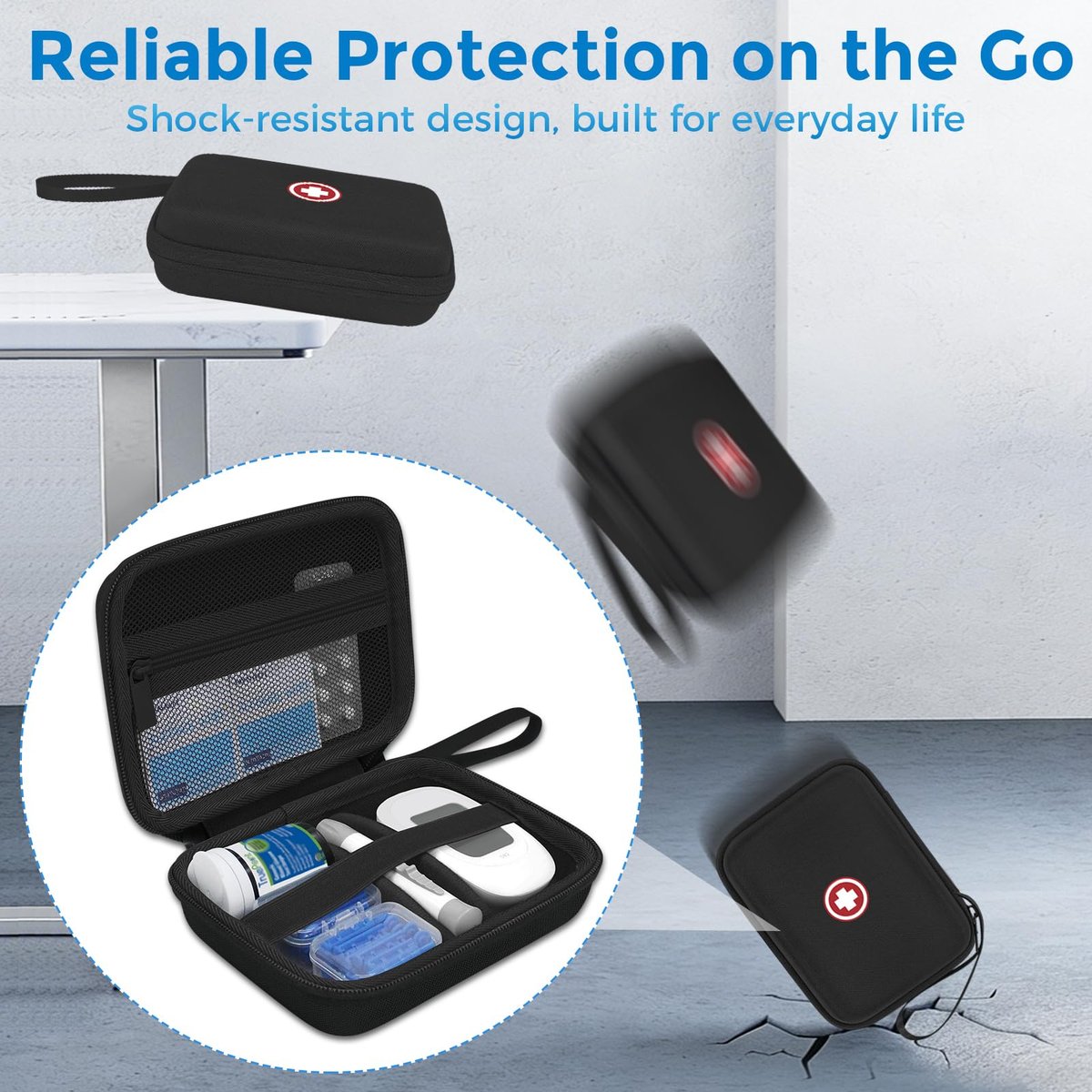 Diabetiker-Reisetasche, Aufbewahrungstasche für Diabetes-Testkit, Blutzuckermessgerät, Teststreifen, Lanzetten, Stechhilfe (nur Tasche) – Schwarz Innen