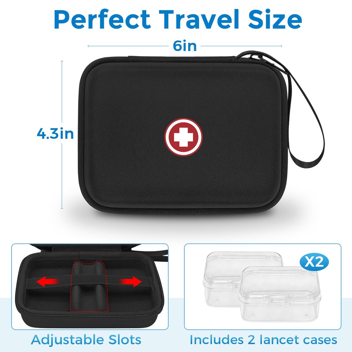 Diabetiker-Reisetasche, Aufbewahrungstasche für Diabetes-Testkit, Blutzuckermessgerät, Teststreifen, Lanzetten, Stechhilfe (nur Tasche) – Schwarz Innen