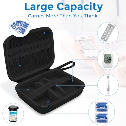 Diabetiker-Reisetasche, Aufbewahrungstasche für Diabetes-Testkit, Blutzuckermessgerät, Teststreifen, Lanzetten, Stechhilfe (nur Tasche) – Schwarz Innen