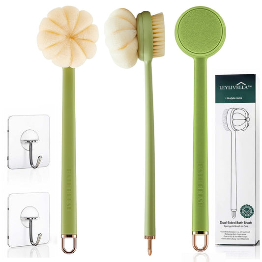 Rückenbürste für die Dusche mit langem Griff (39 cm) – Doppelseitige Duschbürste mit Luffa-Schwamm, austauschbare Köpfe, einfache Reichweite für Rücken & Körper, inklusive 2 Wandhaken