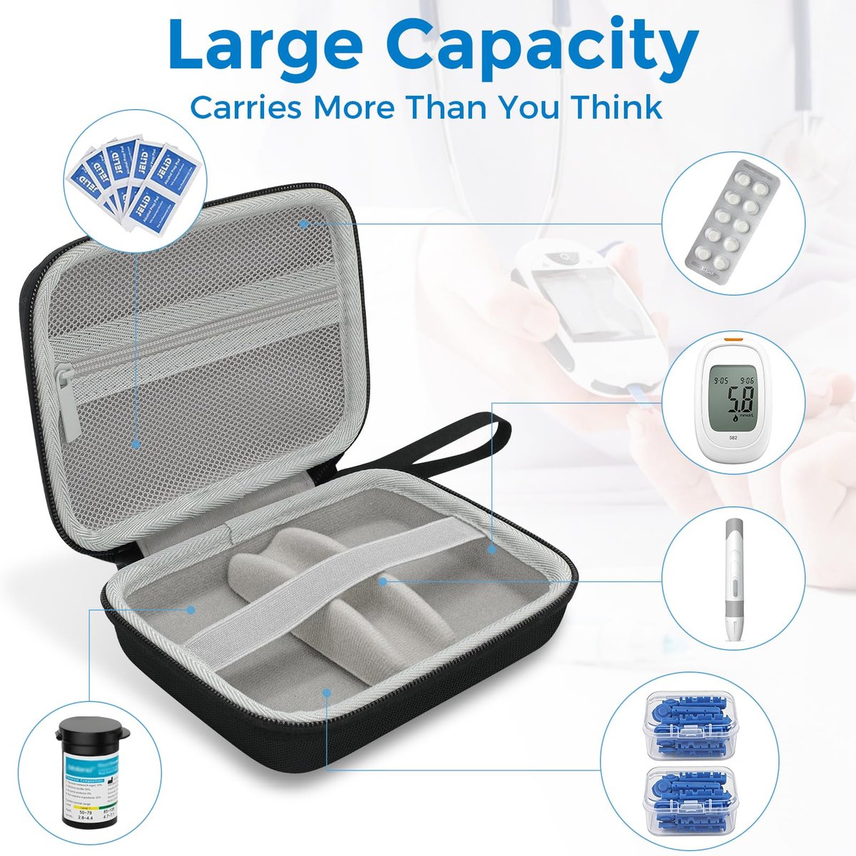Diabetiker-Reisetasche, Aufbewahrungs- und Organizer-Tasche für Diabetes-Testkit, Blutzuckermessgerät, Teststreifen, Lanzetten und Stechhilfe (nur Tasche) – Graues Innenfutter