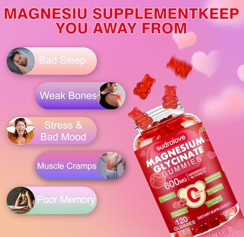 Magnesium Glycinat Gummies 600mg – Zuckerfreies Magnesium & Kalium Nahrungsergänzungsmittel mit Vitamin D, B6 und CoQ10 für Ruhe & Schlaf für Erwachsene – Hochabsorbierbar – Himbeer-Gummies