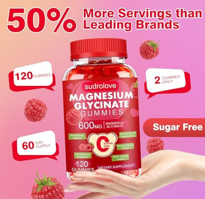 Magnesium Glycinat Gummies 600mg – Zuckerfreies Magnesium & Kalium Nahrungsergänzungsmittel mit Vitamin D, B6 und CoQ10 für Ruhe & Schlaf für Erwachsene – Hochabsorbierbar – Himbeer-Gummies