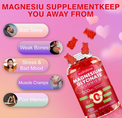 Magnesium Glycinat Gummies 600mg – Zuckerfreies Magnesium & Kalium Nahrungsergänzungsmittel mit Vitamin D, B6 und CoQ10 für Ruhe & Schlaf für Erwachsene – Hochabsorbierbar – Himbeer-Gummies