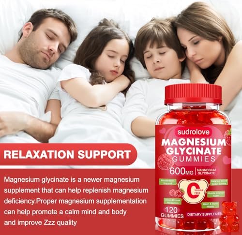 Magnesium Glycinat Gummies 600mg – Zuckerfreies Magnesium & Kalium Nahrungsergänzungsmittel mit Vitamin D, B6 und CoQ10 für Ruhe & Schlaf für Erwachsene – Hochabsorbierbar – Himbeer-Gummies