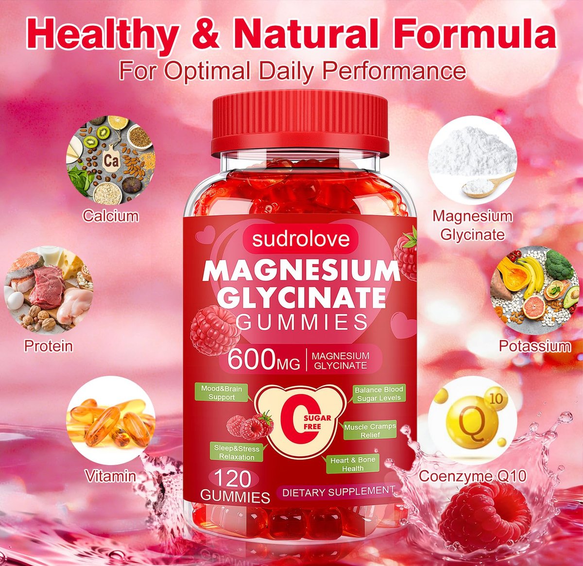 Magnesium Glycinat Gummies 600mg – Zuckerfreies Magnesium & Kalium Nahrungsergänzungsmittel mit Vitamin D, B6 und CoQ10 für Ruhe & Schlaf für Erwachsene – Hochabsorbierbar – Himbeer-Gummies