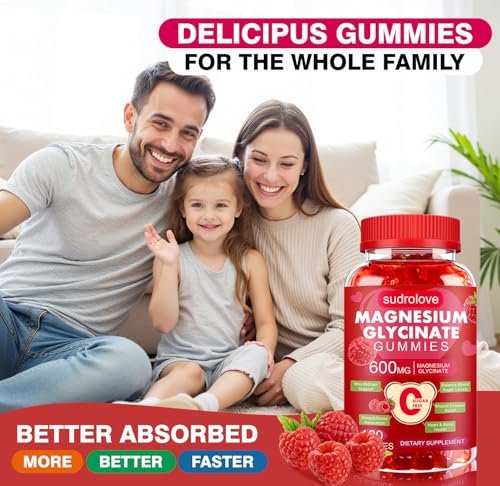 Magnesium Glycinat Gummies 600mg – Zuckerfreies Magnesium & Kalium Nahrungsergänzungsmittel mit Vitamin D, B6 und CoQ10 für Ruhe & Schlaf für Erwachsene – Hochabsorbierbar – Himbeer-Gummies