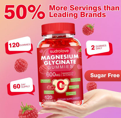 Magnesium Glycinat Gummies 600mg – Zuckerfreies Magnesium & Kalium Nahrungsergänzungsmittel mit Vitamin D, B6 und CoQ10 für Ruhe & Schlaf für Erwachsene – Hochabsorbierbar – Himbeer-Gummies