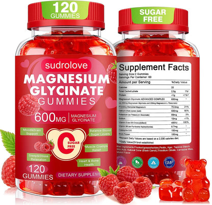 Magnesium Glycinat Gummies 600mg – Zuckerfreies Magnesium & Kalium Nahrungsergänzungsmittel mit Vitamin D, B6 und CoQ10 für Ruhe & Schlaf für Erwachsene – Hochabsorbierbar – Himbeer-Gummies