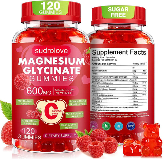 Magnesium Glycinat Gummies 600mg – Zuckerfreies Magnesium & Kalium Nahrungsergänzungsmittel mit Vitamin D, B6 und CoQ10 für Ruhe & Schlaf für Erwachsene – Hochabsorbierbar – Himbeer-Gummies