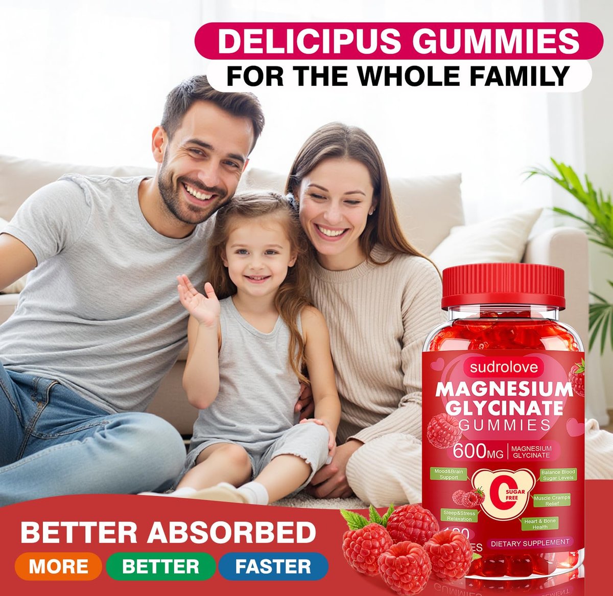 Magnesium Glycinat Gummies 600mg – Zuckerfreies Magnesium & Kalium Nahrungsergänzungsmittel mit Vitamin D, B6 und CoQ10 für Ruhe & Schlaf für Erwachsene – Hochabsorbierbar – Himbeer-Gummies