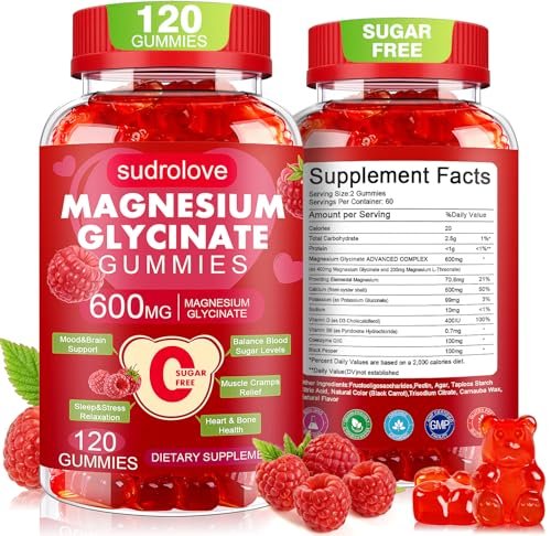 Magnesium Glycinat Gummies 600mg – Zuckerfreies Magnesium & Kalium Nahrungsergänzungsmittel mit Vitamin D, B6 und CoQ10 für Ruhe & Schlaf für Erwachsene – Hochabsorbierbar – Himbeer-Gummies