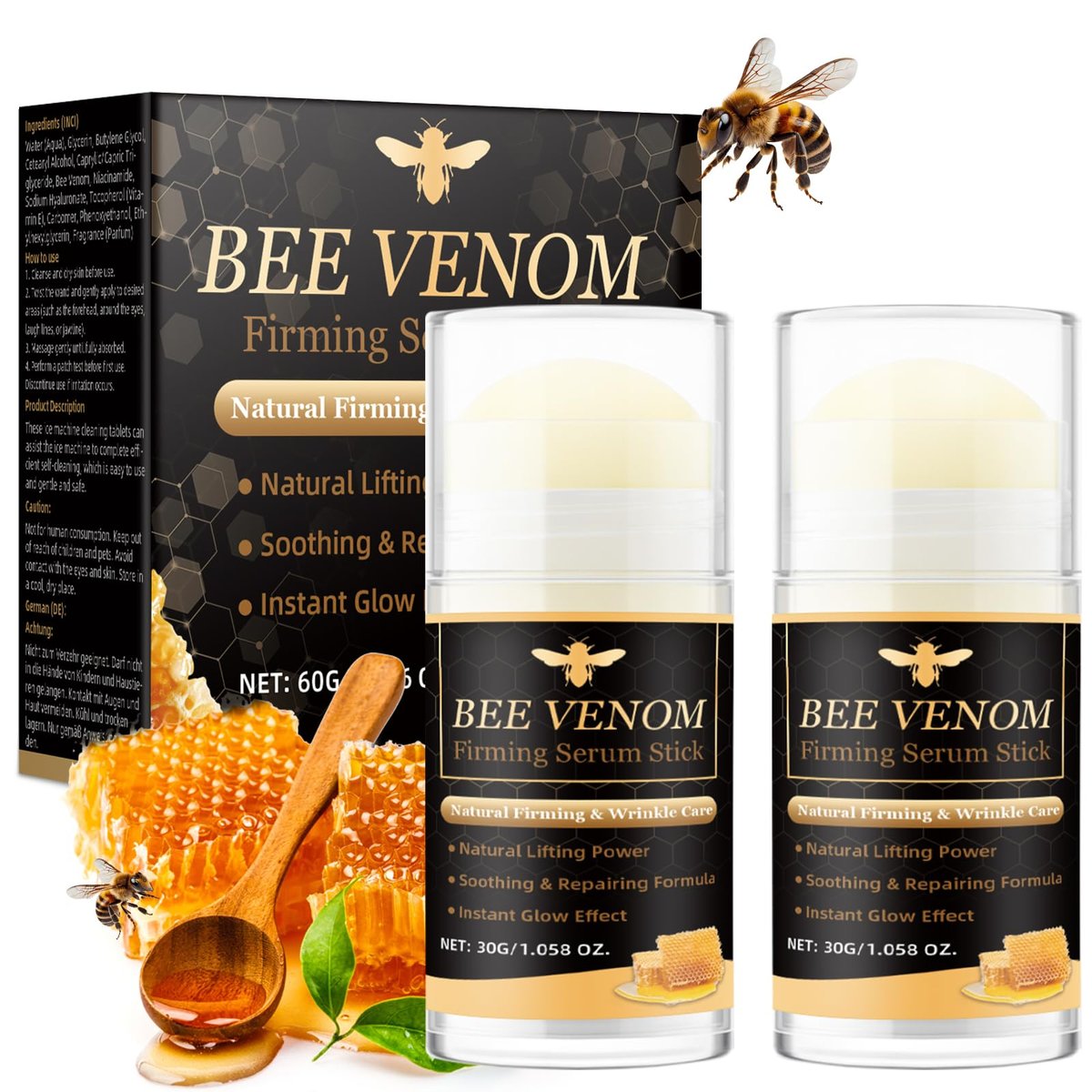 Bienengift Festigender Serum-Stick, 2 Stück Bienengift-Creme, Mehrzweck Anti-Falten Gesichtscreme für tiefe Faltenreparatur, Straffung, Feuchtigkeitspflege und Lifting, Geeignet für alle Hauttypen