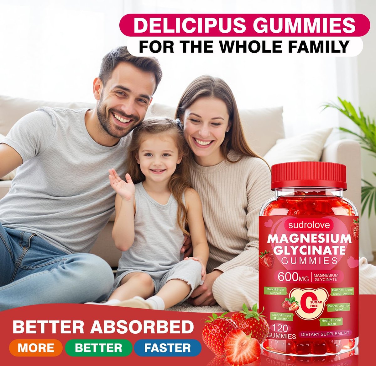 Magnesiumglycinat Gummibärchen 600 mg – Zuckerfreies Magnesium & Kalium Nahrungsergänzungsmittel mit Vitamin D, B6 und CoQ10 für Ruhe & Schlaf für Erwachsene – Hohe Absorption – Erdbeergeschmack