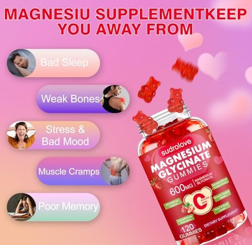 Magnesiumglycinat Gummibärchen 600 mg – Zuckerfreies Magnesium & Kalium Nahrungsergänzungsmittel mit Vitamin D, B6 und CoQ10 für Ruhe & Schlaf für Erwachsene – Hohe Absorption – Erdbeergeschmack