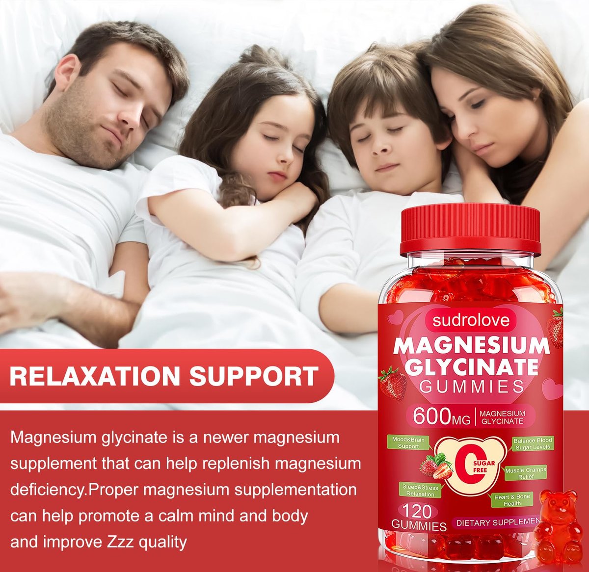 Magnesiumglycinat Gummibärchen 600 mg – Zuckerfreies Magnesium & Kalium Nahrungsergänzungsmittel mit Vitamin D, B6 und CoQ10 für Ruhe & Schlaf für Erwachsene – Hohe Absorption – Erdbeergeschmack