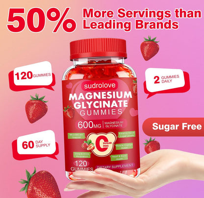 Magnesiumglycinat Gummibärchen 600 mg – Zuckerfreies Magnesium & Kalium Nahrungsergänzungsmittel mit Vitamin D, B6 und CoQ10 für Ruhe & Schlaf für Erwachsene – Hohe Absorption – Erdbeergeschmack