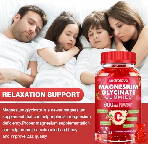 Magnesiumglycinat Gummibärchen 600 mg – Zuckerfreies Magnesium & Kalium Nahrungsergänzungsmittel mit Vitamin D, B6 und CoQ10 für Ruhe & Schlaf für Erwachsene – Hohe Absorption – Erdbeergeschmack