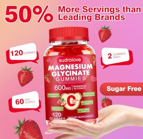 Magnesiumglycinat Gummibärchen 600 mg – Zuckerfreies Magnesium & Kalium Nahrungsergänzungsmittel mit Vitamin D, B6 und CoQ10 für Ruhe & Schlaf für Erwachsene – Hohe Absorption – Erdbeergeschmack