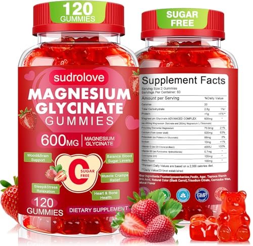 Magnesiumglycinat Gummibärchen 600 mg – Zuckerfreies Magnesium & Kalium Nahrungsergänzungsmittel mit Vitamin D, B6 und CoQ10 für Ruhe & Schlaf für Erwachsene – Hohe Absorption – Erdbeergeschmack