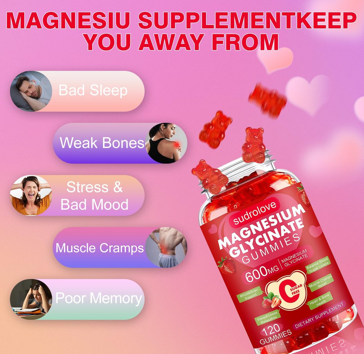 Magnesiumglycinat Gummibärchen 600 mg – Zuckerfreies Magnesium & Kalium Nahrungsergänzungsmittel mit Vitamin D, B6 und CoQ10 für Ruhe & Schlaf für Erwachsene – Hohe Absorption – Erdbeergeschmack