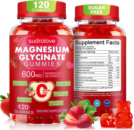 Magnesiumglycinat Gummibärchen 600 mg – Zuckerfreies Magnesium & Kalium Nahrungsergänzungsmittel mit Vitamin D, B6 und CoQ10 für Ruhe & Schlaf für Erwachsene – Hohe Absorption – Erdbeergeschmack