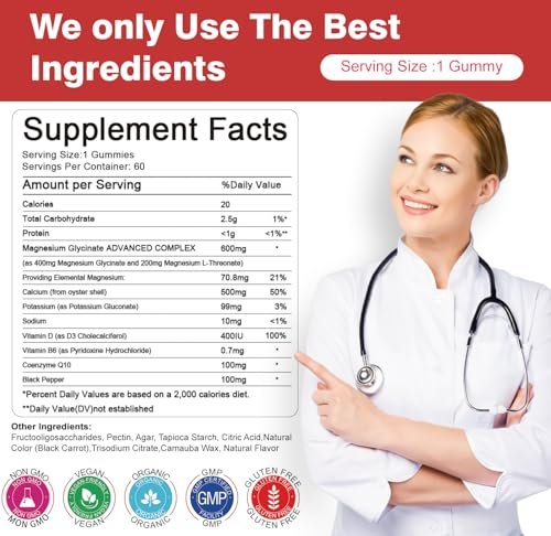Magnesiumglycinat Gummibärchen 600 mg – Zuckerfreies Magnesium & Kalium Nahrungsergänzungsmittel mit Vitamin D, B6 und CoQ10 für Ruhe & Schlaf für Erwachsene – Hohe Absorption – Erdbeergeschmack