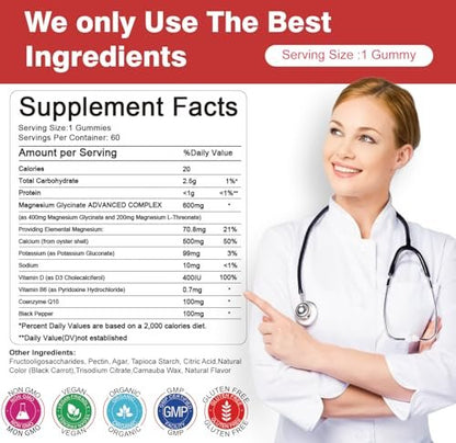Magnesiumglycinat Gummibärchen 600 mg – Zuckerfreies Magnesium & Kalium Nahrungsergänzungsmittel mit Vitamin D, B6 und CoQ10 für Ruhe & Schlaf für Erwachsene – Hohe Absorption – Erdbeergeschmack