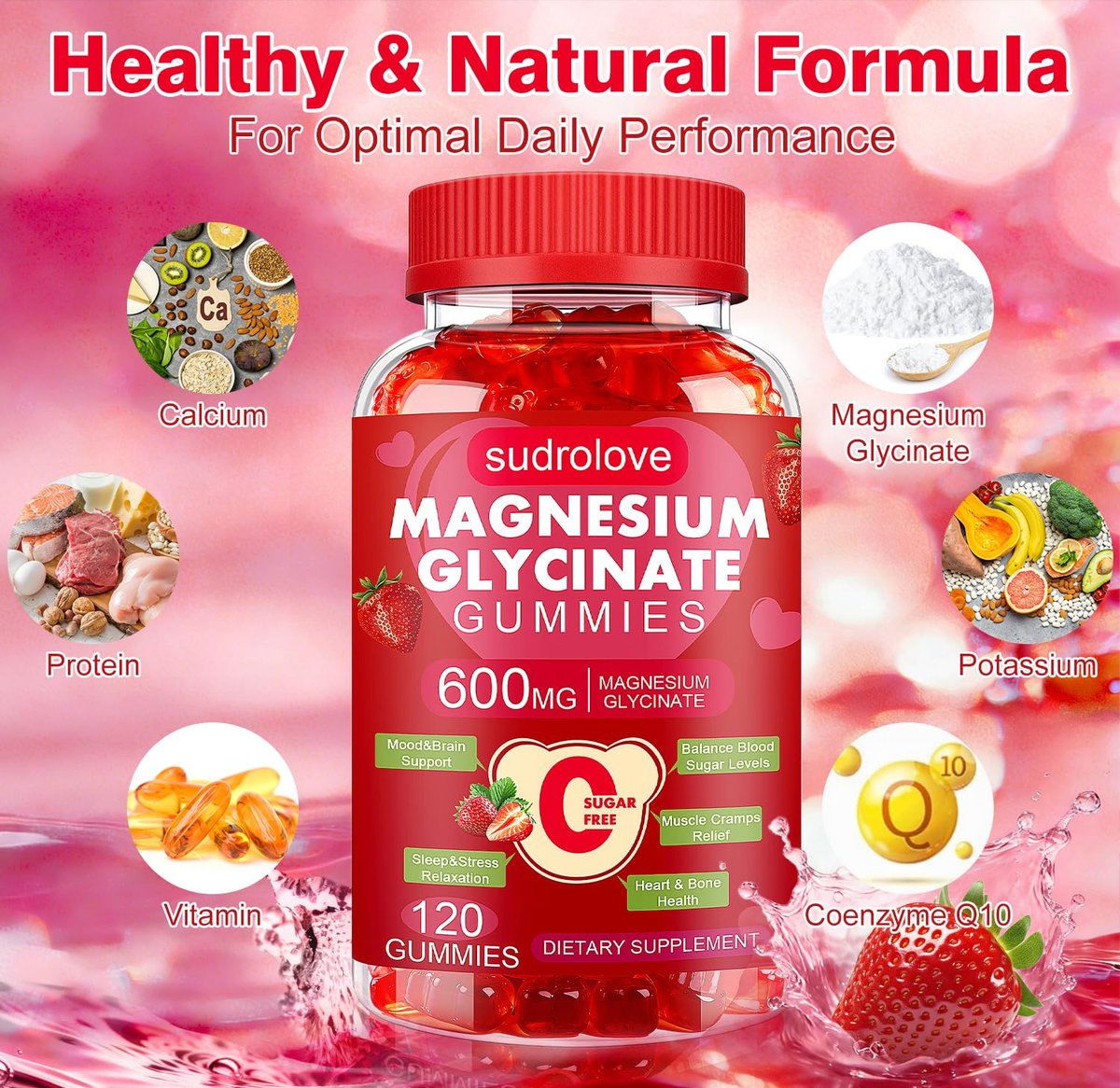 Magnesiumglycinat Gummibärchen 600 mg – Zuckerfreies Magnesium & Kalium Nahrungsergänzungsmittel mit Vitamin D, B6 und CoQ10 für Ruhe & Schlaf für Erwachsene – Hohe Absorption – Erdbeergeschmack