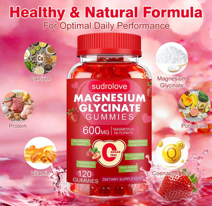Magnesiumglycinat Gummibärchen 600 mg – Zuckerfreies Magnesium & Kalium Nahrungsergänzungsmittel mit Vitamin D, B6 und CoQ10 für Ruhe & Schlaf für Erwachsene – Hohe Absorption – Erdbeergeschmack