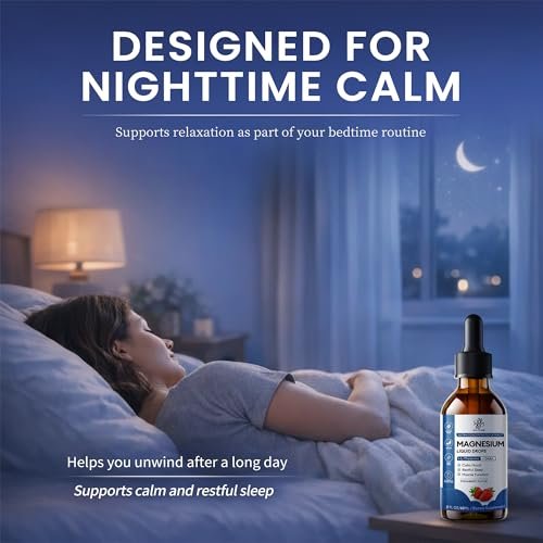 Liquid Magnesium Glycinate Drops für Schlafunterstützung & nächtliche Ruhe – Magnesiumtropfen mit Kamille, Ashwagandha, L-Theanin & GABA zur Entspannungsunterstützung, sanfte Absorption, Erdbeergeschmack, 60 ml