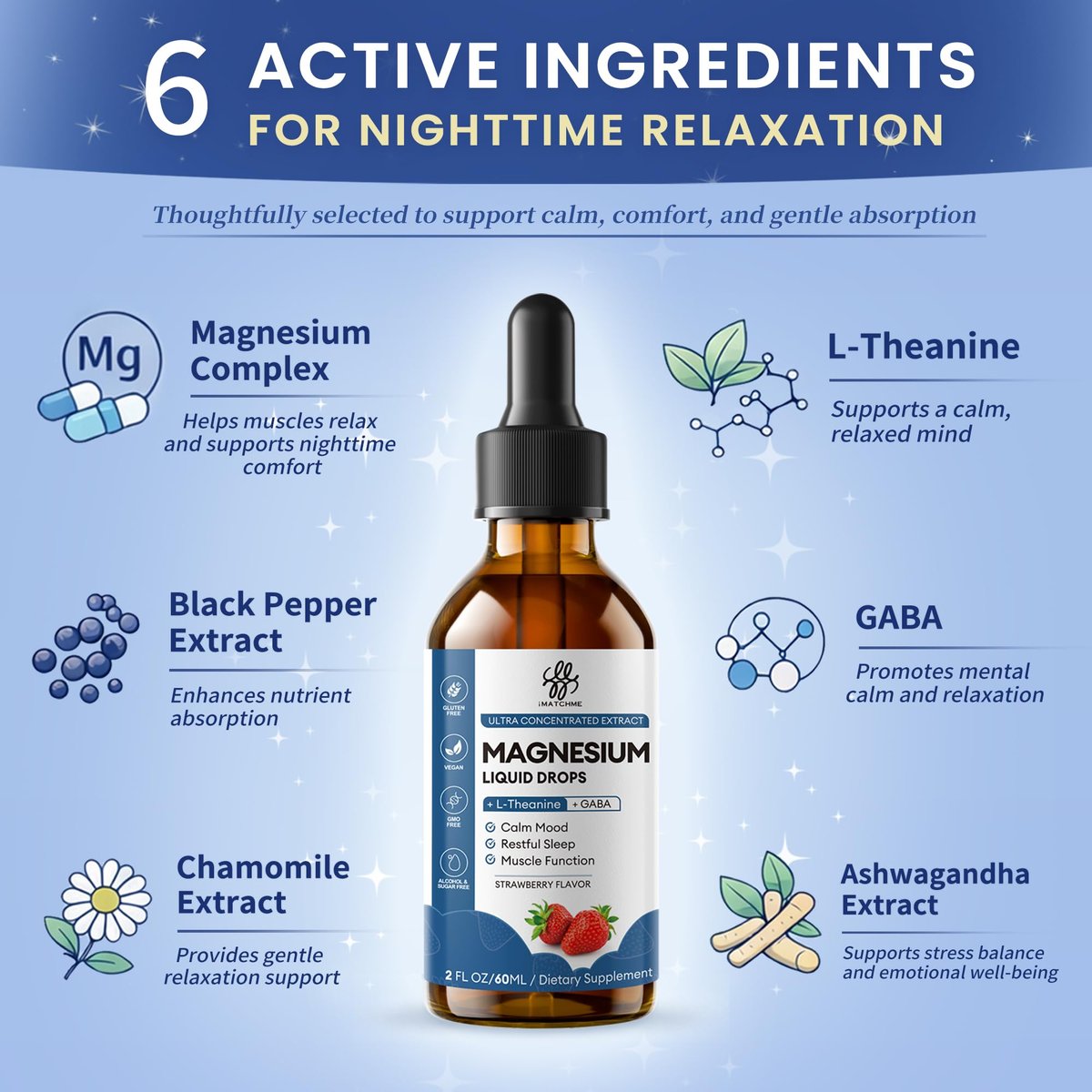 Liquid Magnesium Glycinate Drops für Schlafunterstützung & nächtliche Ruhe – Magnesiumtropfen mit Kamille, Ashwagandha, L-Theanin & GABA zur Entspannungsunterstützung, sanfte Absorption, Erdbeergeschmack, 60 ml