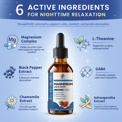 Liquid Magnesium Glycinate Drops für Schlafunterstützung & nächtliche Ruhe – Magnesiumtropfen mit Kamille, Ashwagandha, L-Theanin & GABA zur Entspannungsunterstützung, sanfte Absorption, Erdbeergeschmack, 60 ml