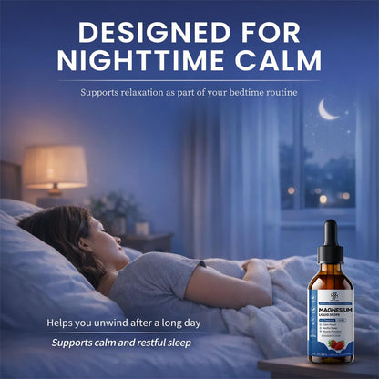 Liquid Magnesium Glycinate Drops für Schlafunterstützung & nächtliche Ruhe – Magnesiumtropfen mit Kamille, Ashwagandha, L-Theanin & GABA zur Entspannungsunterstützung, sanfte Absorption, Erdbeergeschmack, 60 ml