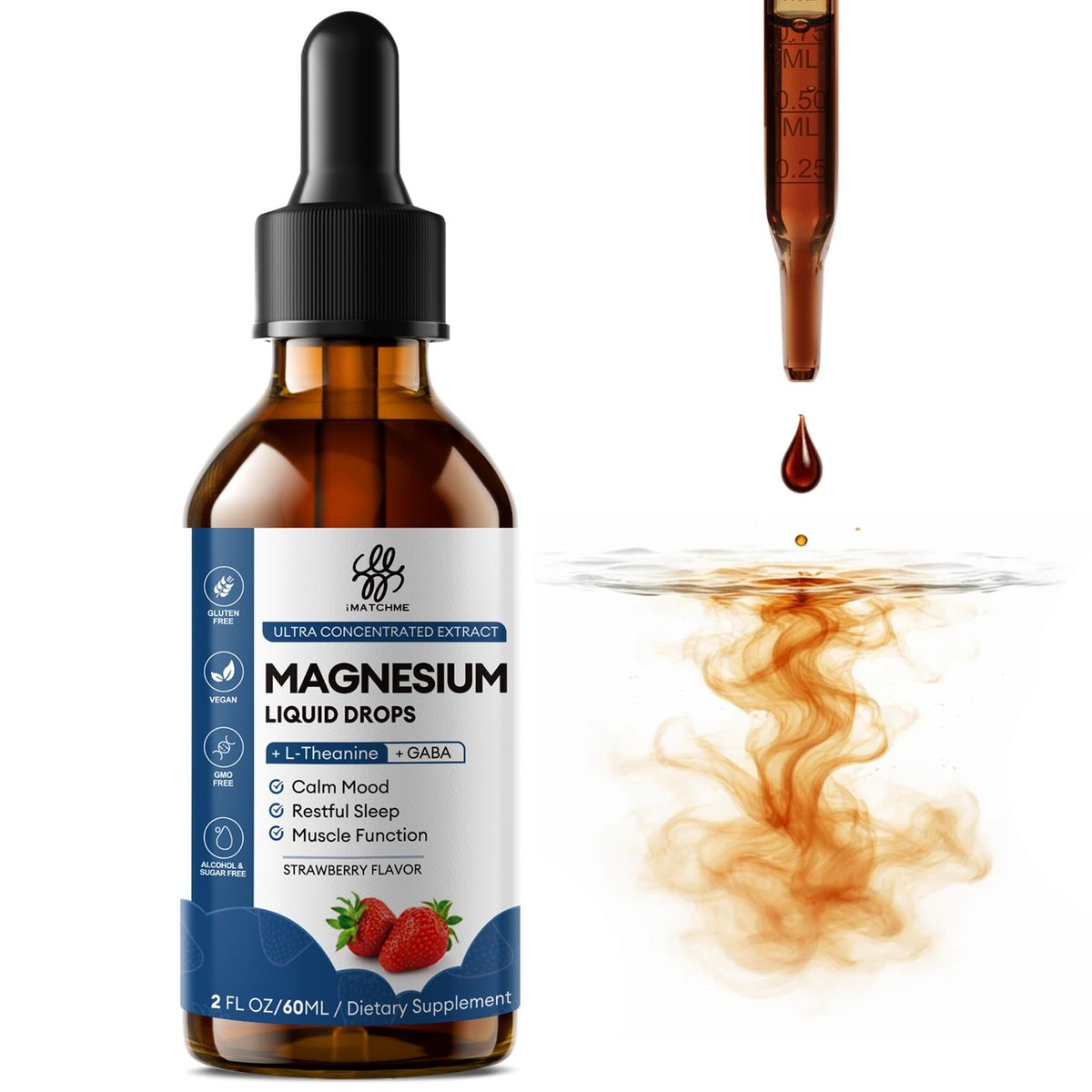 Liquid Magnesium Glycinate Drops für Schlafunterstützung & nächtliche Ruhe – Magnesiumtropfen mit Kamille, Ashwagandha, L-Theanin & GABA zur Entspannungsunterstützung, sanfte Absorption, Erdbeergeschmack, 60 ml