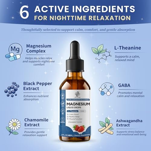 Liquid Magnesium Glycinate Drops für Schlafunterstützung & nächtliche Ruhe – Magnesiumtropfen mit Kamille, Ashwagandha, L-Theanin & GABA zur Entspannungsunterstützung, sanfte Absorption, Erdbeergeschmack, 60 ml