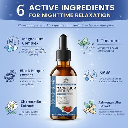 Liquid Magnesium Glycinate Drops für Schlafunterstützung & nächtliche Ruhe – Magnesiumtropfen mit Kamille, Ashwagandha, L-Theanin & GABA zur Entspannungsunterstützung, sanfte Absorption, Erdbeergeschmack, 60 ml