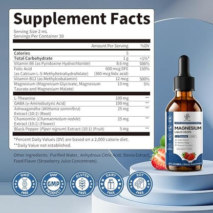 Liquid Magnesium Glycinate Drops für Schlafunterstützung & nächtliche Ruhe – Magnesiumtropfen mit Kamille, Ashwagandha, L-Theanin & GABA zur Entspannungsunterstützung, sanfte Absorption, Erdbeergeschmack, 60 ml