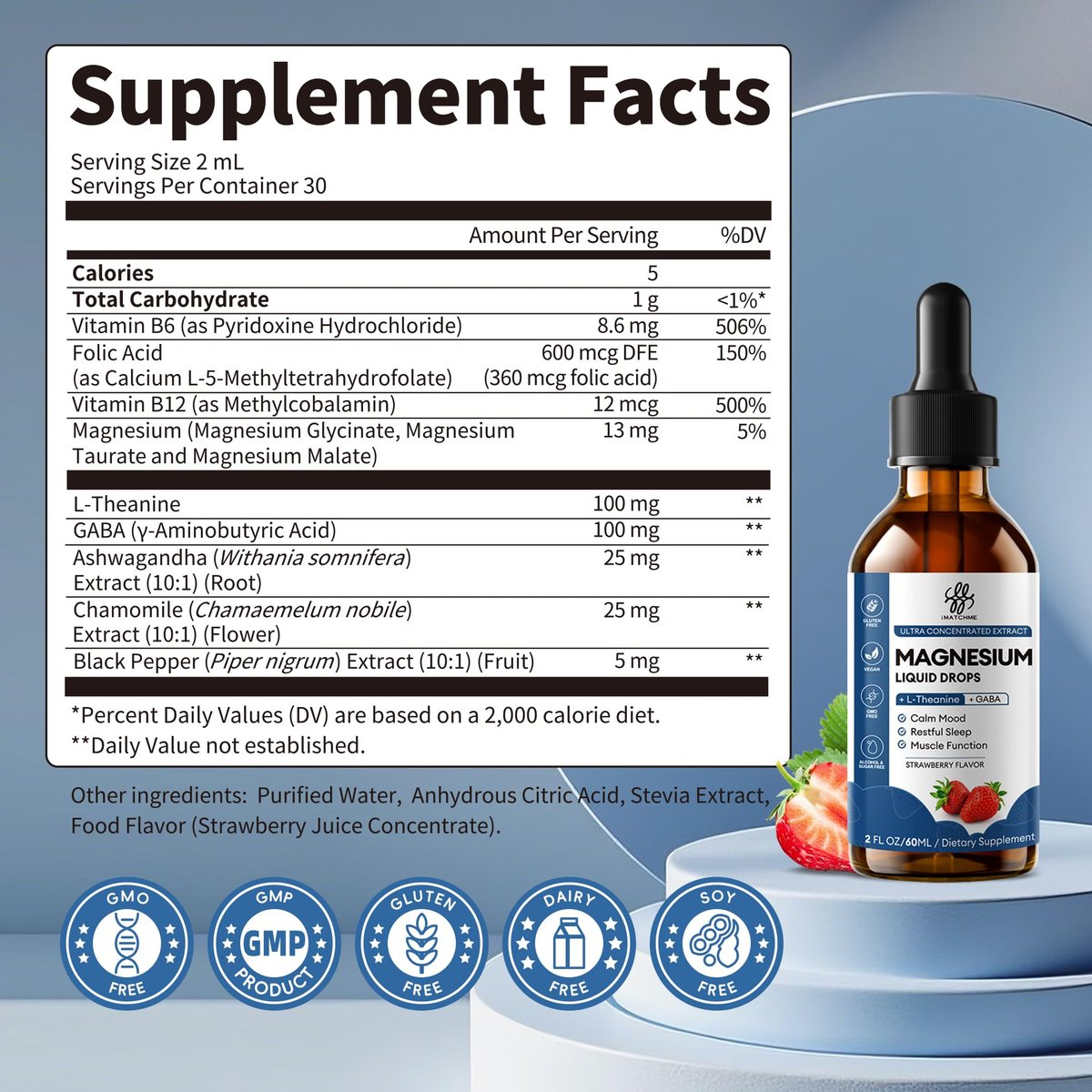 Liquid Magnesium Glycinate Drops für Schlafunterstützung & nächtliche Ruhe – Magnesiumtropfen mit Kamille, Ashwagandha, L-Theanin & GABA zur Entspannungsunterstützung, sanfte Absorption, Erdbeergeschmack, 60 ml